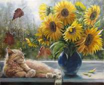 Без бренда «Подсолнухи в синей вазе возле кота» в Сургуте