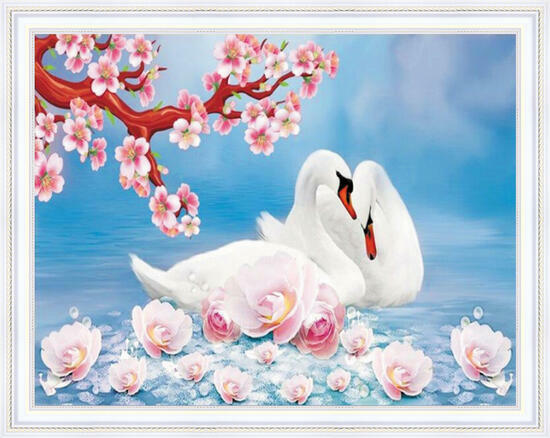 Алмазная мозаика 40x50 Белые лебеди под цветущим деревом