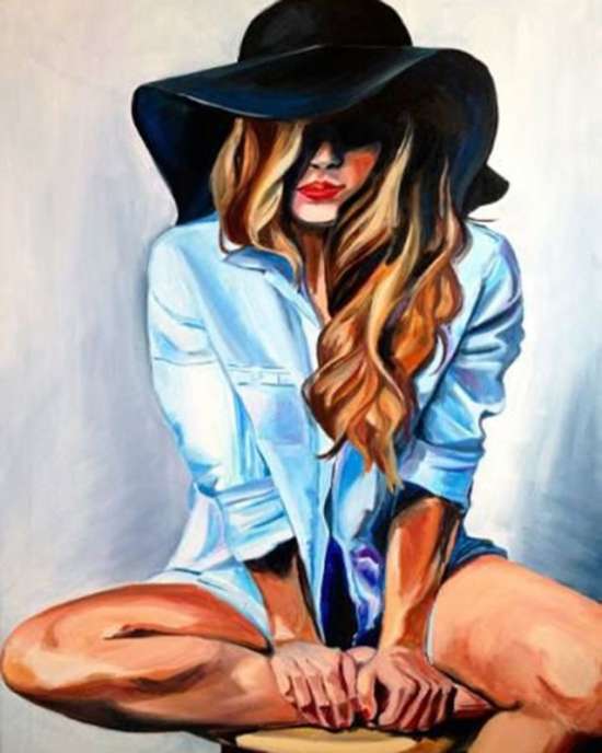 Картина по номерам 40x50 Девушка в рубашке и шляпке