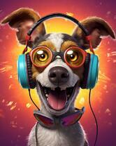 Довольный пёс в очках и наушниках