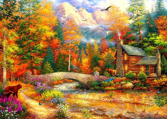Картина по номерам 40x50 Осенний лес, горы и домик