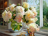 Без бренда «Ваза с букетом белых пионов у окна» в Сургуте