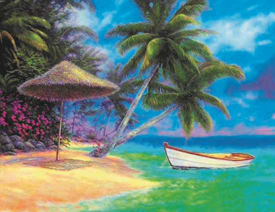 Алмазная мозаика 40x50 Лодка у песчаного берега с пальмами