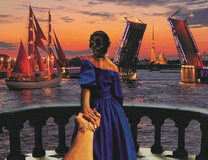 Девушка любуется раздвижным мостом и яхтой с красными парусами