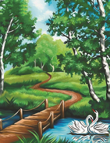 Лебеди у мостика на небольшой реке