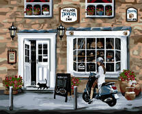 Девушка с мопедом у магазина